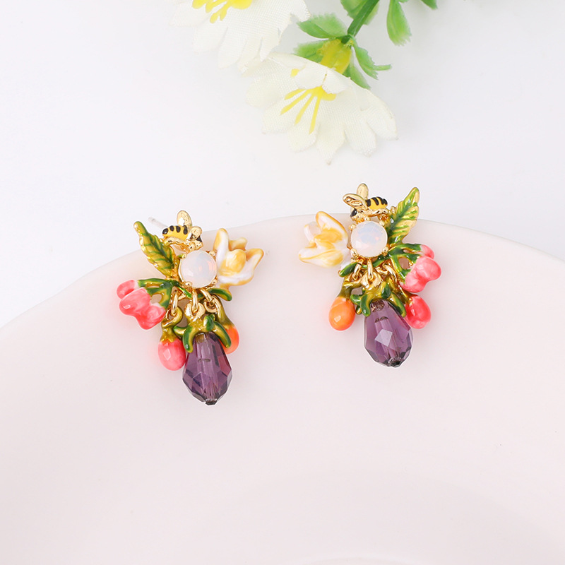 Enamel Flower Crystal Bee Enamel Earrings Jewelry Stud Clip Earrings