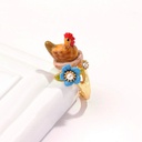 Hen Rooster Chicken And Blue Flower Enamel Adjustable Ring