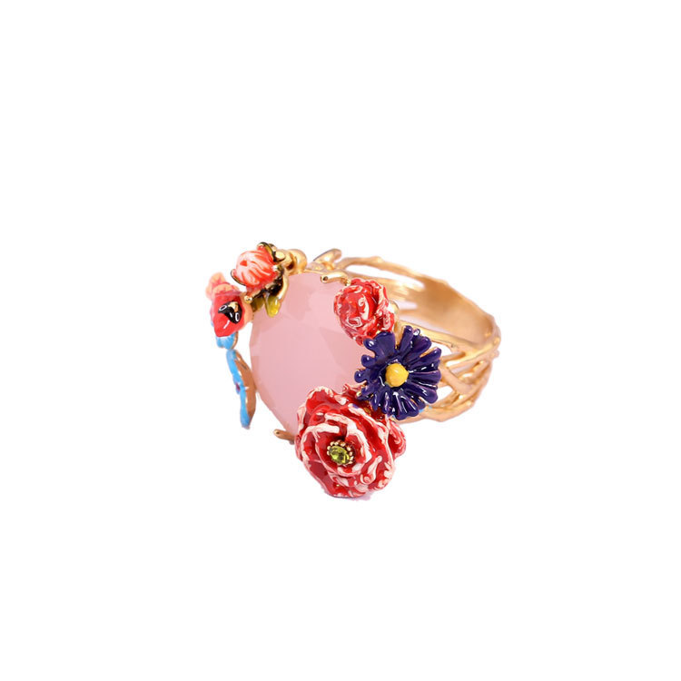 Red Blue Flower Bird And Stone Enamel Ring Jewelry Gift