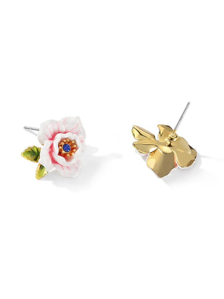 Pink White Rose Flower And Crystal Enamel Stud Earrings Jewelry Gift