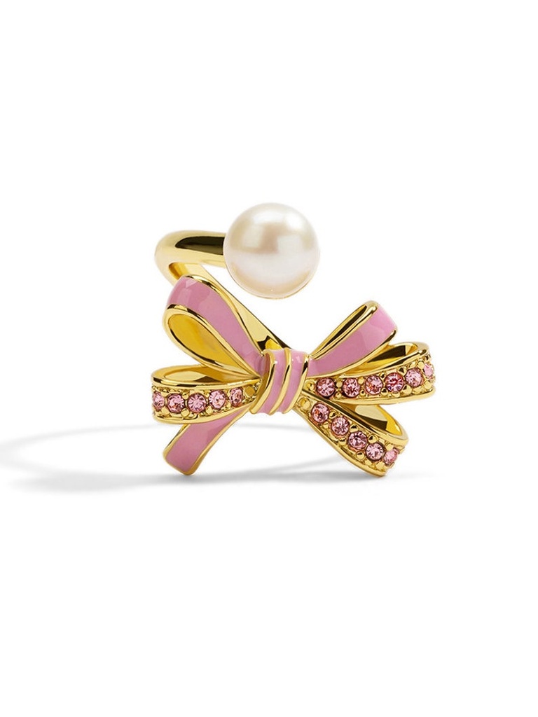 Pink White Black Bow And Pearl Enamel Adjustable Ring