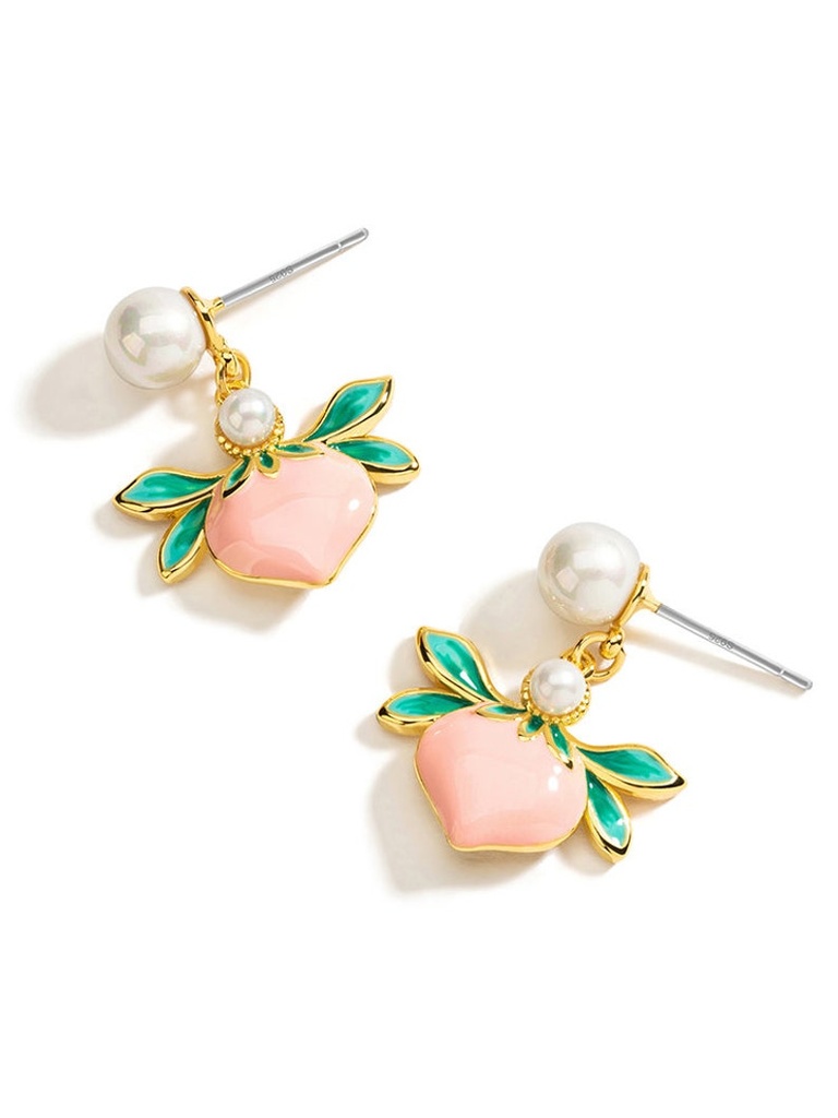 Pink Peach Fruit Freshwater Pearl Enamel Dangle Earrings