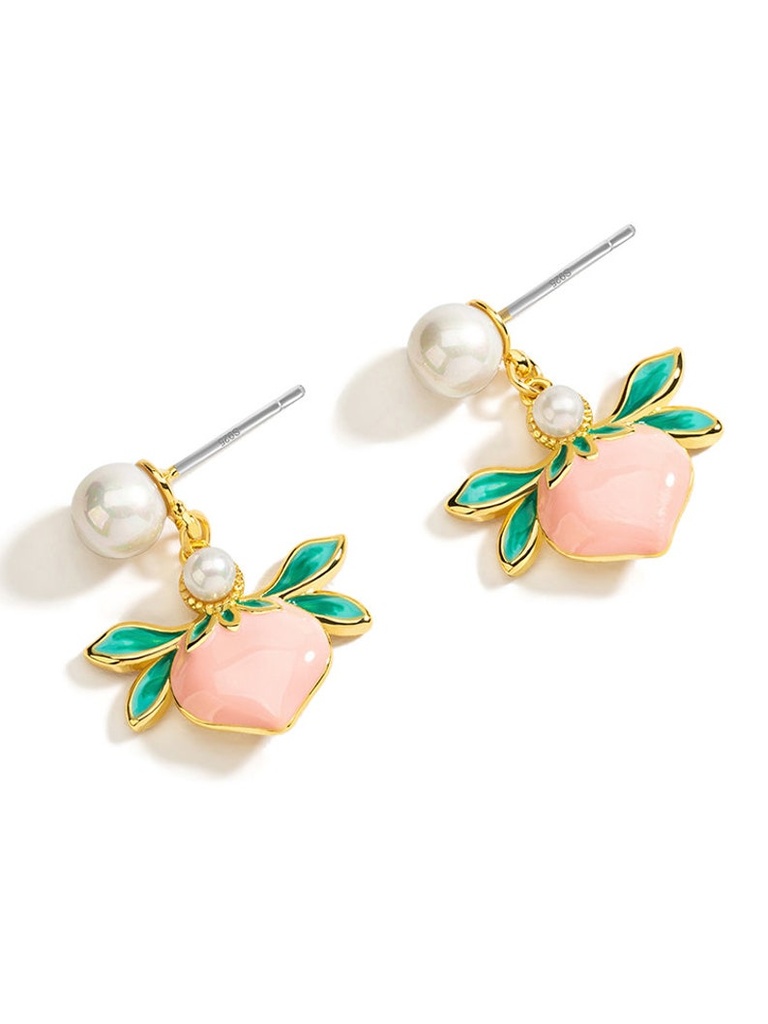 Pink Peach Fruit Freshwater Pearl Enamel Dangle Earrings