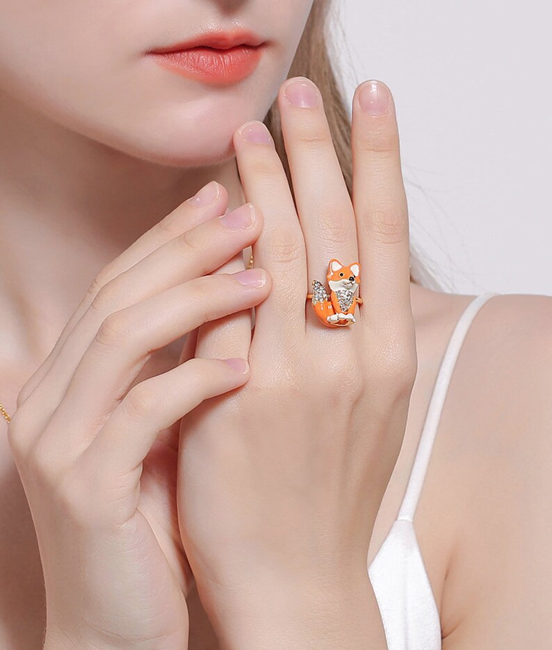 Orange Fox With Zircon Enamel Adjustable Ring