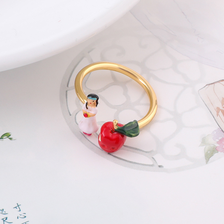 Enamel Glaze Adjustable Fruit Red Apple Princess Open Ring