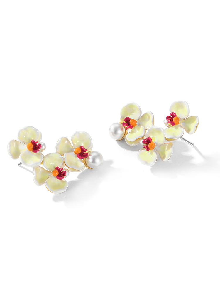 Light Yellow White Red Flower And Pearl Enamel Stud Earrings