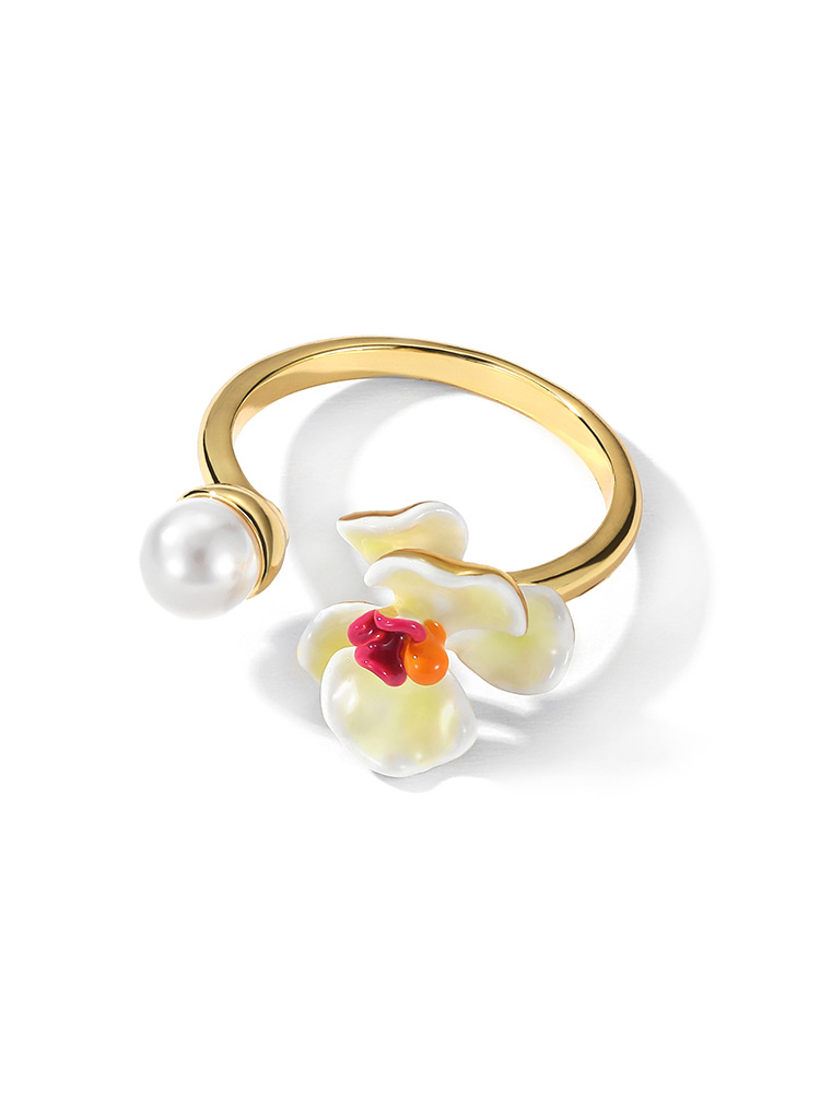 Yellow Red Orange Pansy Flower Pearl Enamel Adjustable Ring