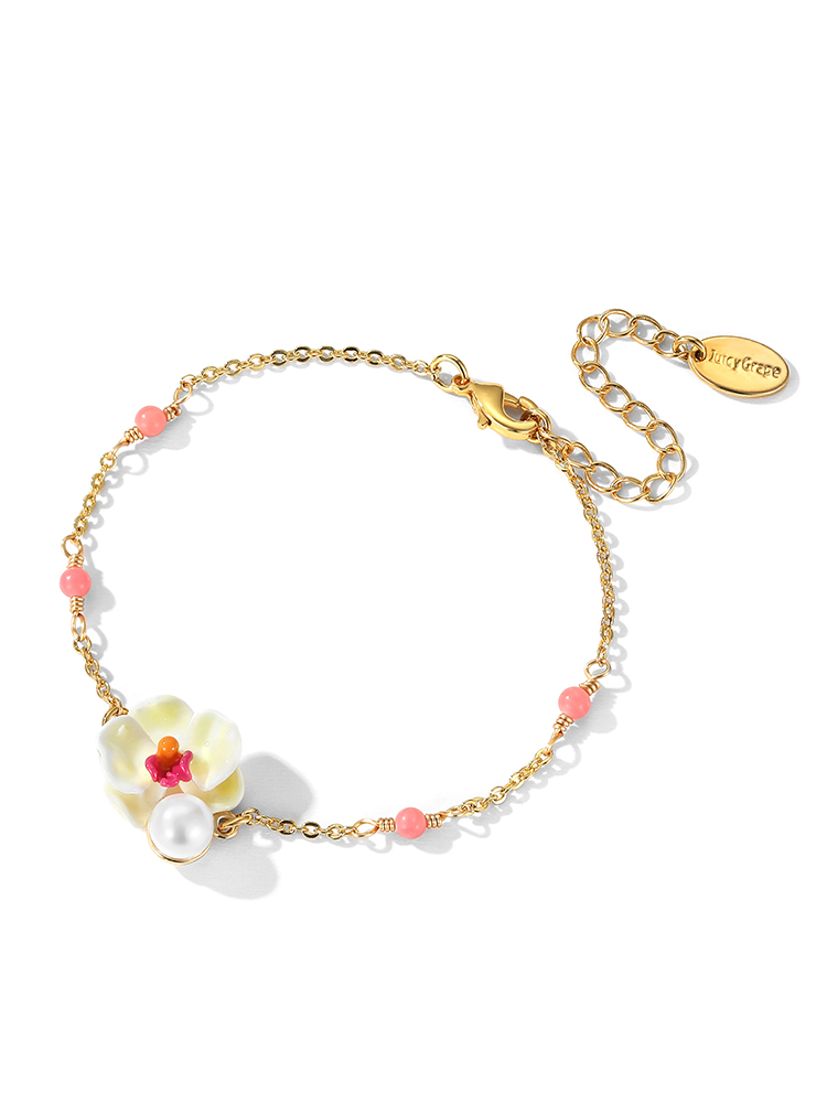 Yellow Red Orange Pansy Flower Pearl Enamel Thin Bracelet