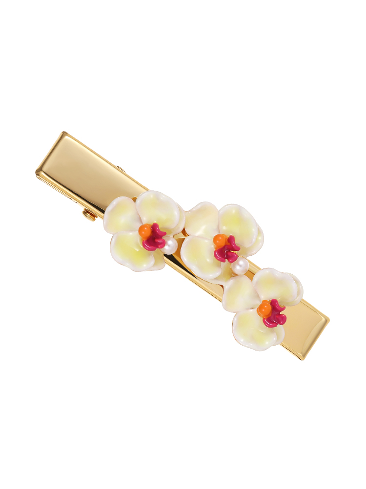 Yellow Red Orange Pansy Flower Pearl Enamel Hair Pin Clip