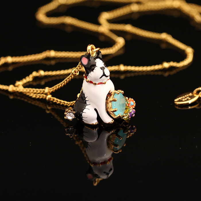 Enamel Glaze Bulldog Blue Natural Stone Gilded Pendant Necklace