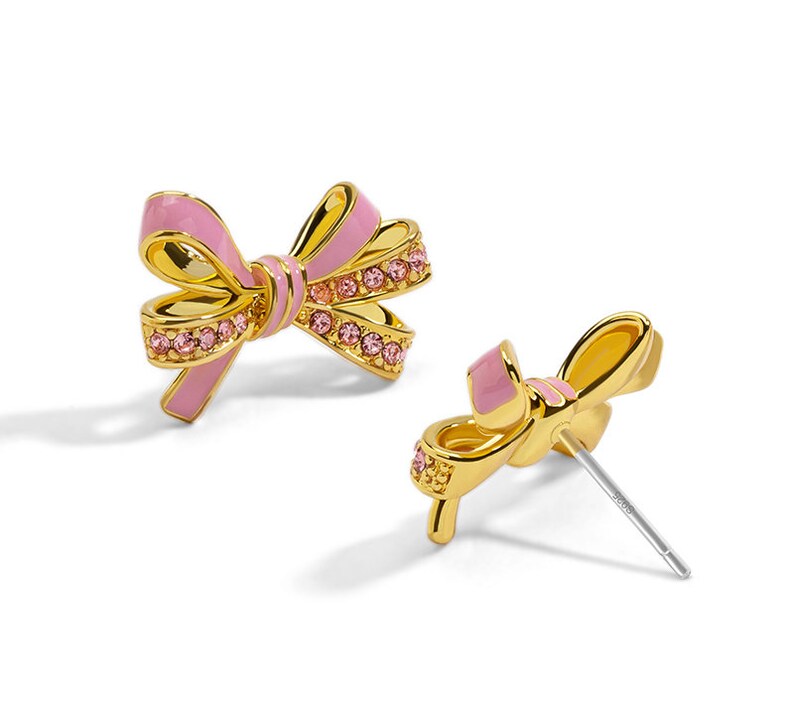 Pink Bow And Crystal Enamel Stud Earrings Jewelry Gift