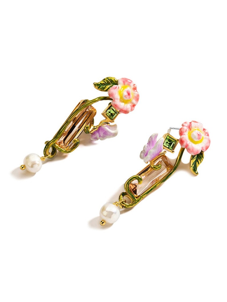 Pink Purple Flower And Crystal Enamel Dangle Earrings