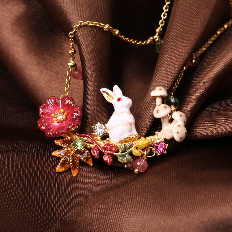 Enamel Glaze Cosmos Series Alice White Rabbit Mushroom Necklace