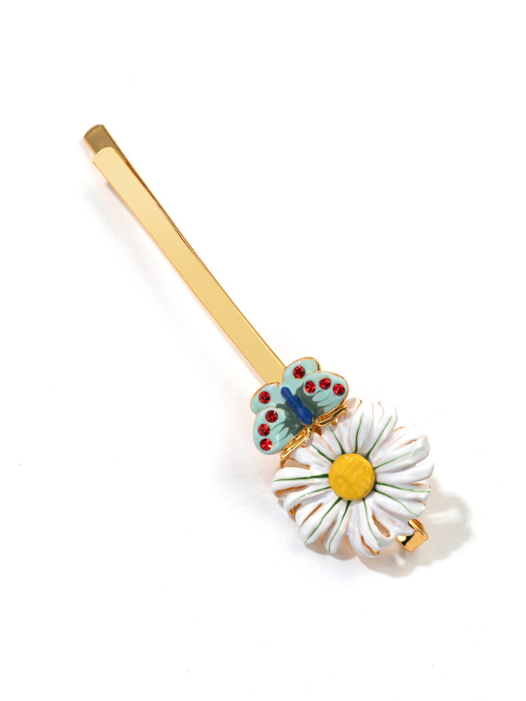 Daisy White Flower And Butterfly Enamel Hair Pin Clip Jewelry Gift