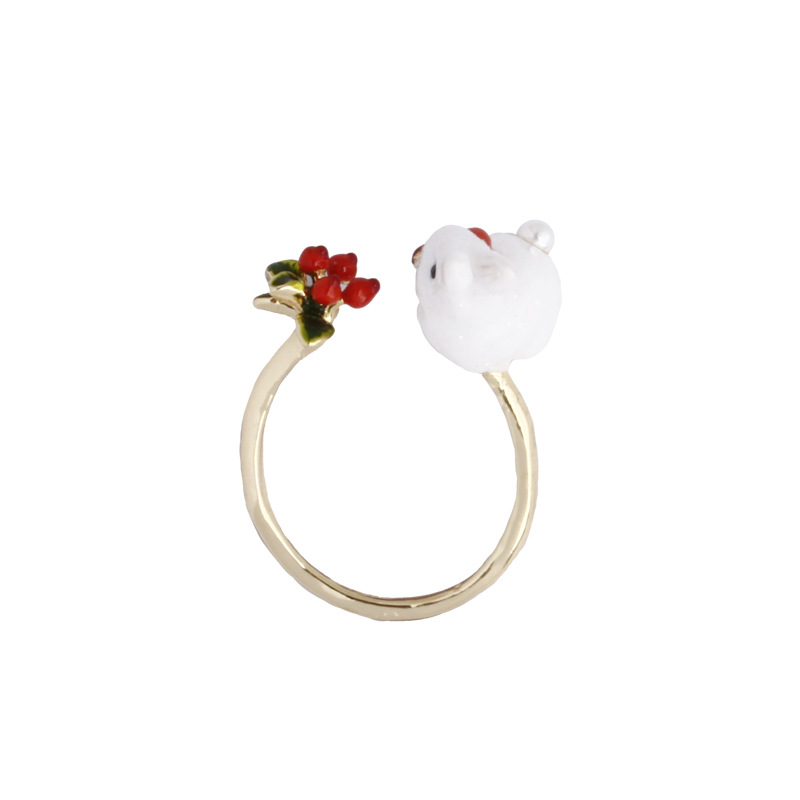 Enamel Glaze Cute little White Rabbit Ring Gilded Opening Adjustable Ring