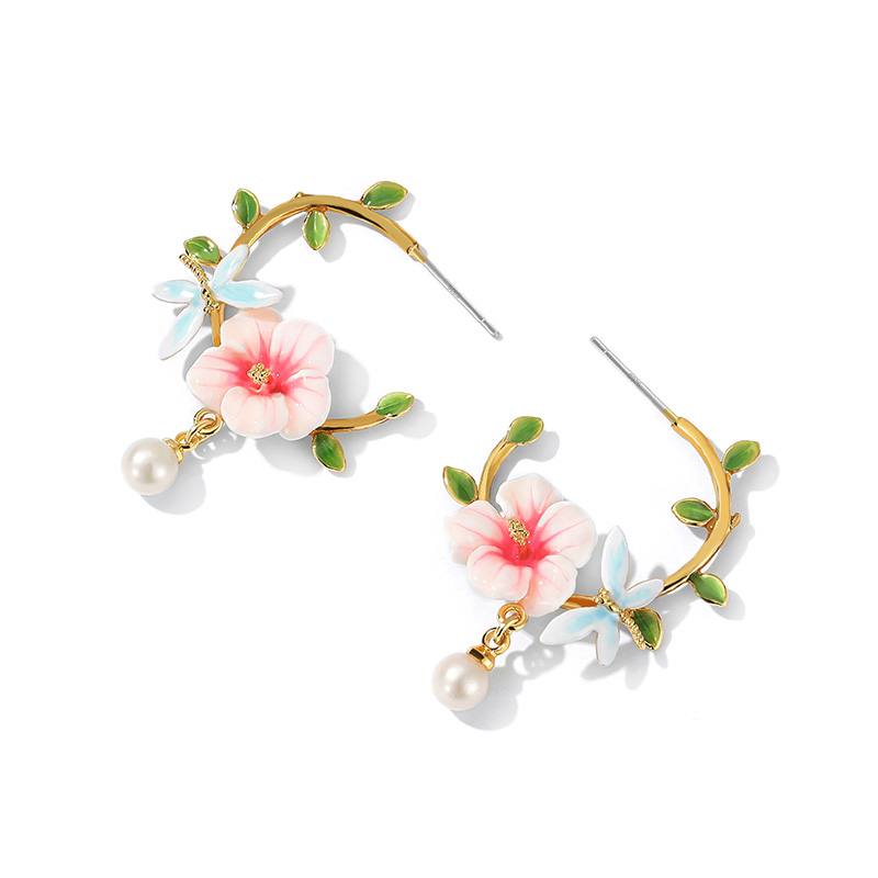 Pink Flower And Dragonfly Pearl C Shape Enamel Hoop Earrings