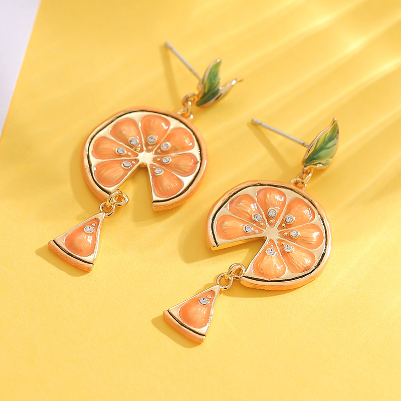 Orange Lemon Slice And Leaf Enamel Dangle Earrings