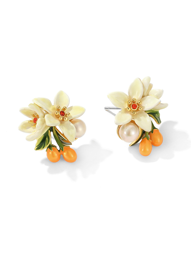 Orange Blossom Flower Kumquat Pearl Enamel Stud Earrings Jewelry Gift