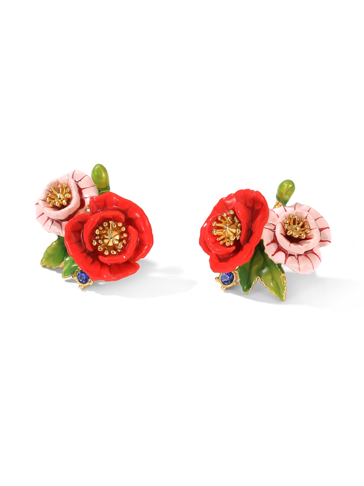 Pink Red Flower And Stone Enamel Stud Earrings