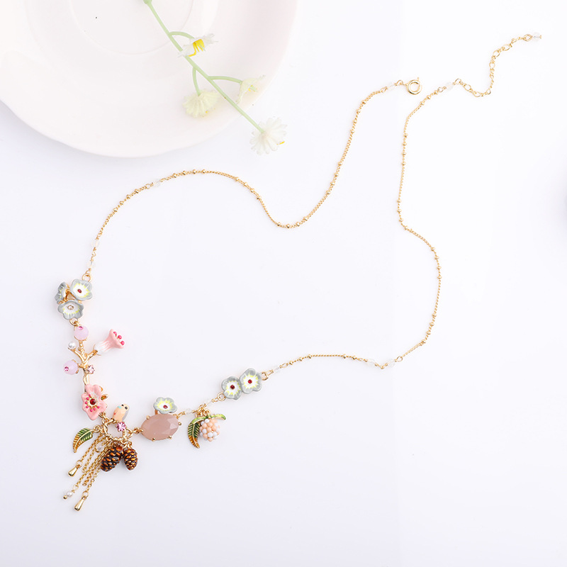 Enamel Glaze Flower Gold Plated Tassel Necklace