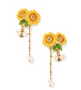 Yellow Sunflower And Bee Enamel Dangle Tassel Earrings Jewelry Gift