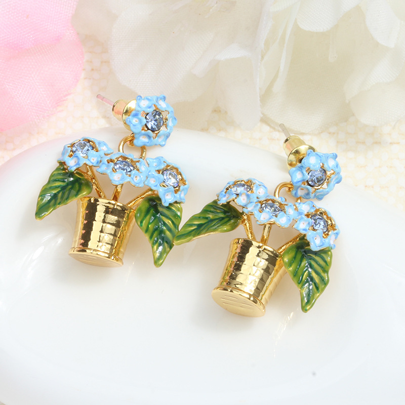 Blue Flower And Crystal Enamel Stud Earring Jewelry Gift