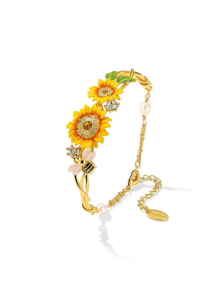 Yellow Sunflower Bee And Pearl Enamel Bangle Bracelet Jewelry Gift