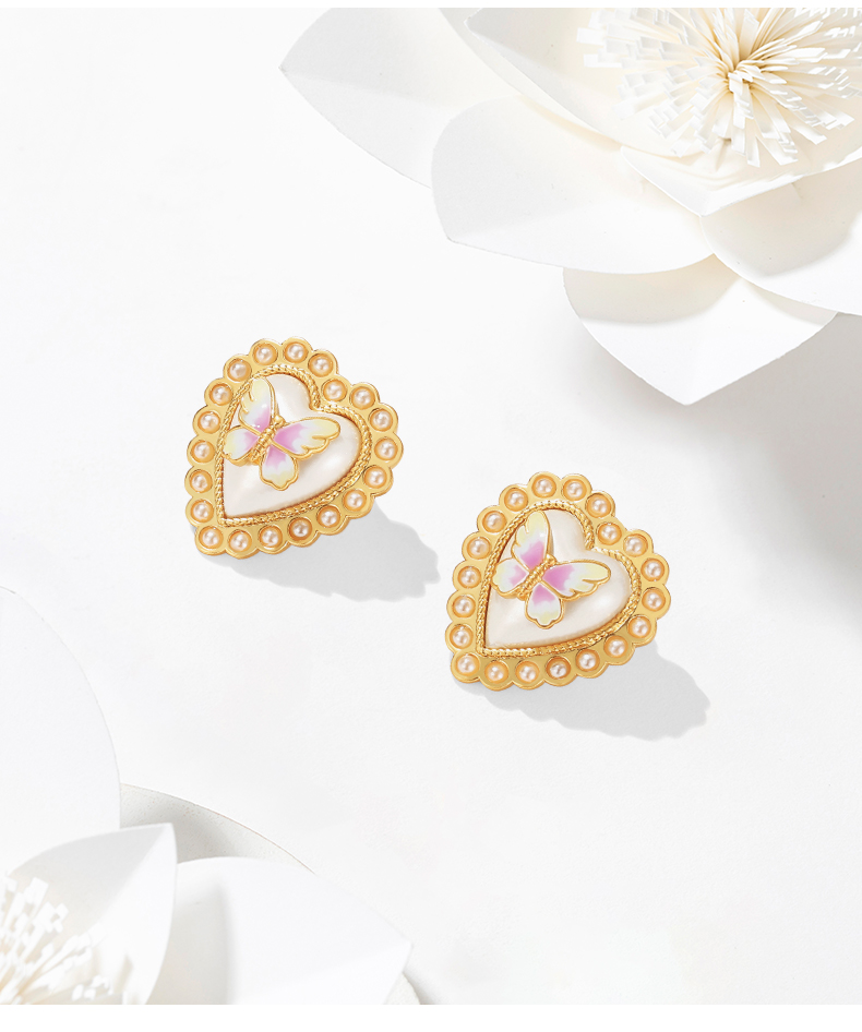 Butterfly Heart Pearl Enamel Stud Earrings