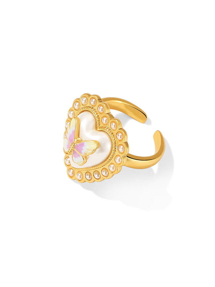 Butterfly Heart Pearl Enamel Adjustable Ring