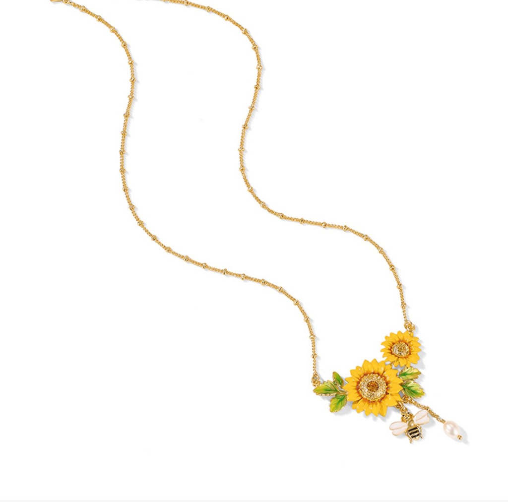 Sunflower And Bee Pearl Enamel Pendant Necklace Jewelry