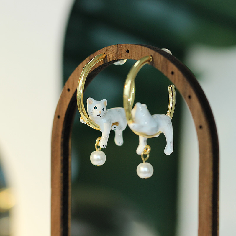 White Cat Kitty Kitten With Pearl Enamel C Shape Earrings