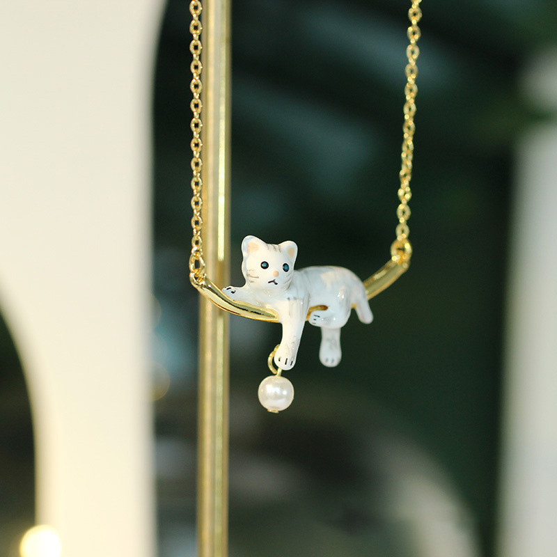 White Cat Kitty Kitten With Pearl Enamel Pendant Necklace