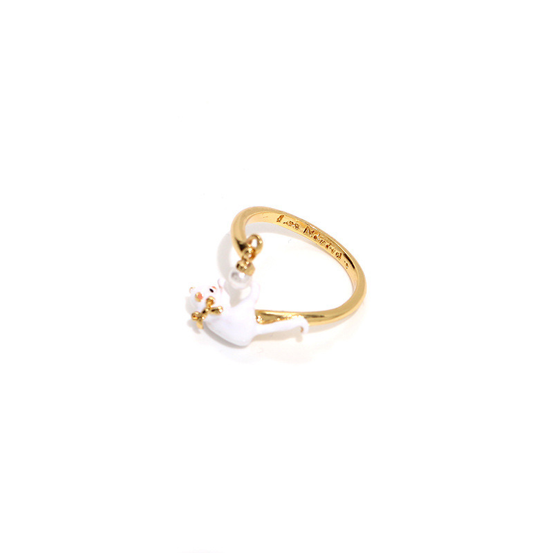 White Cat Kitten Kitty And Pearl Enamel Adjustable Ring