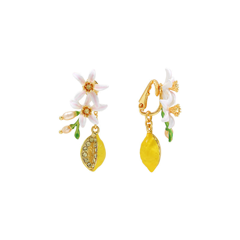 Flower Blossom Pearl And Lemon Enamel Dangle Earrings