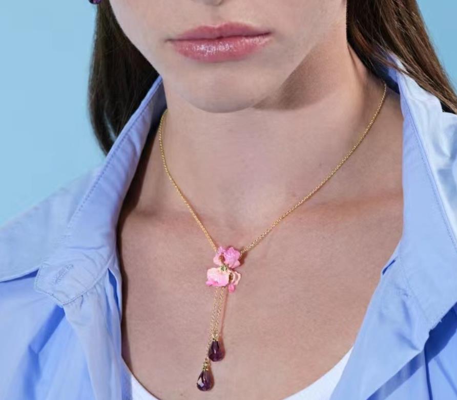 Pink Flower de Luce Irises And Stone Enamel Necklace