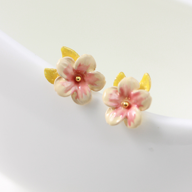 Peach Flower Blossom Branch Enamel Stud Earrings