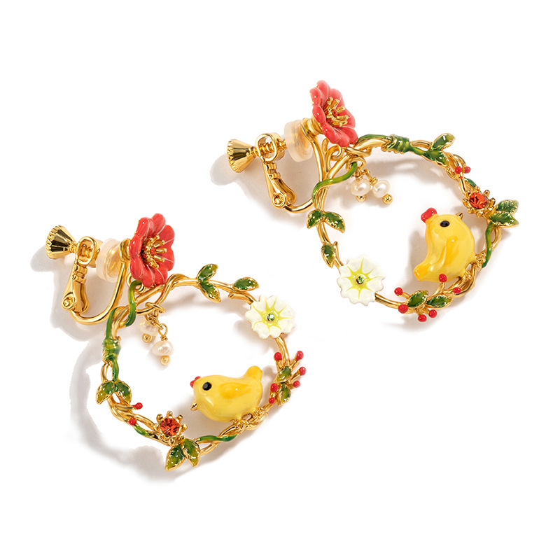 Cute Yellow Chicken Enamel Earrings Chick Flower Jewelry Clip/Stud Earrings