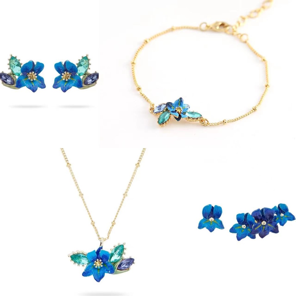 Blue Irises Flower And Crystal Enamel Thin Bracelet