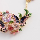 Pink Flower Blossom Branch And Butterfly Enamel Pendant Necklace