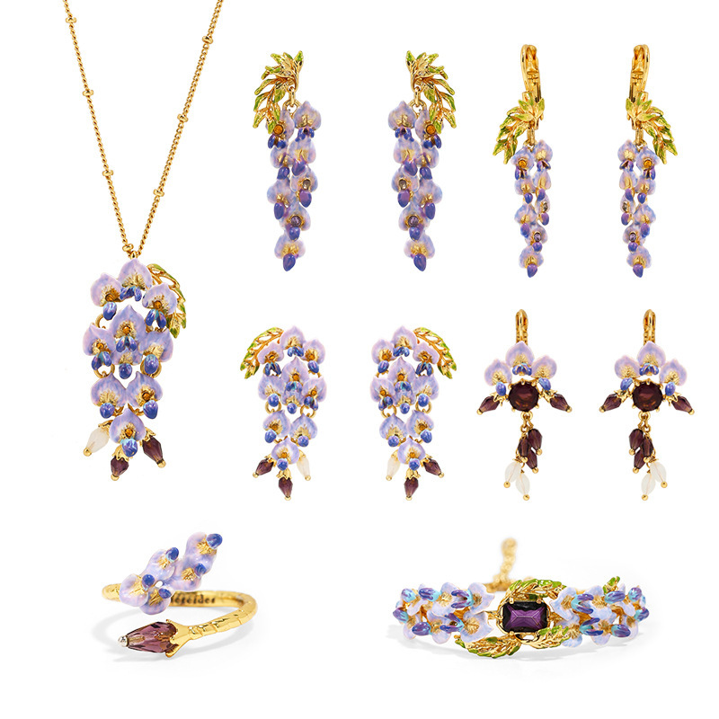 Purple Flower Blosssom Wisteria And Crystal Enamel Pendant Necklace