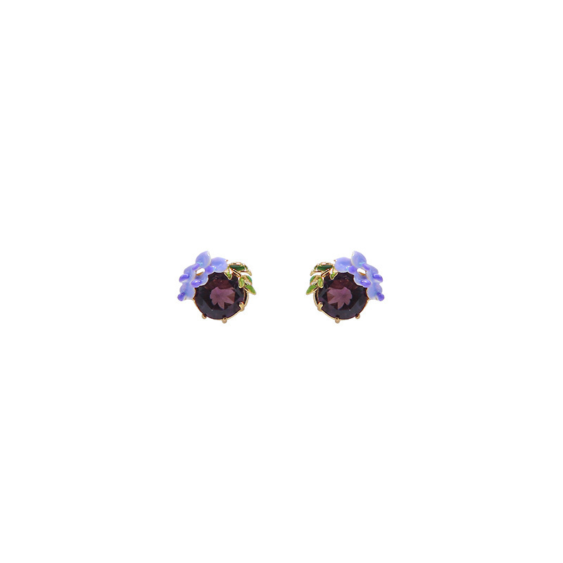 Purple Flower Blosssom Wisteria And Stone Enamel Stud Earrings