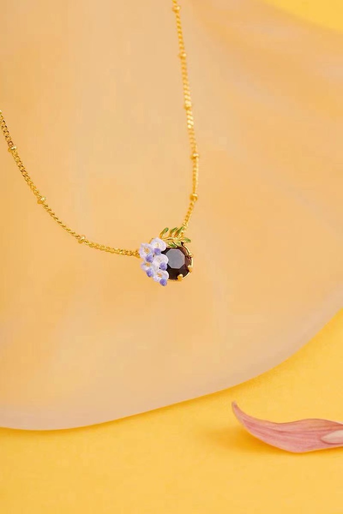 Purple Flower Blosssom Wisteria And Crystal Enamel Pendant Necklace