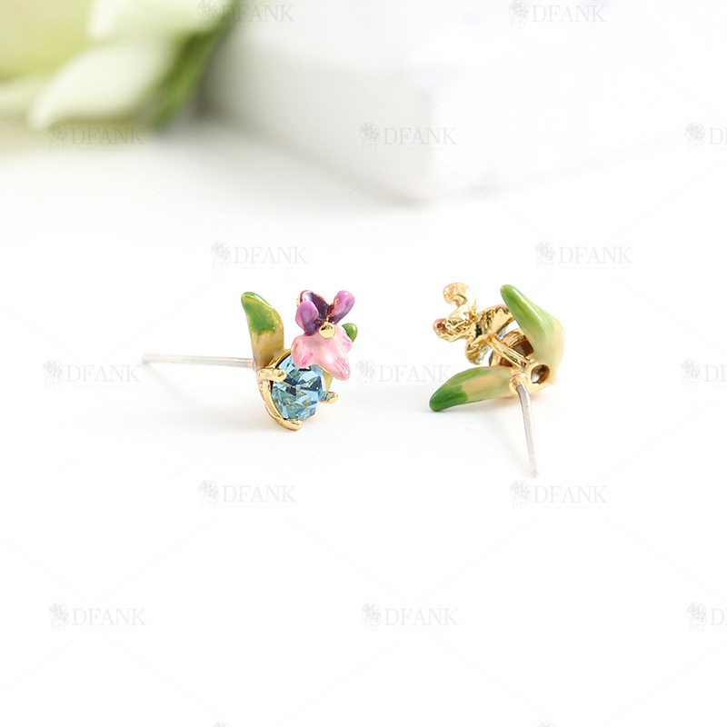 Pink Flower de Luce Irises And Stone Enamel Asymmetrical Stud Earrings