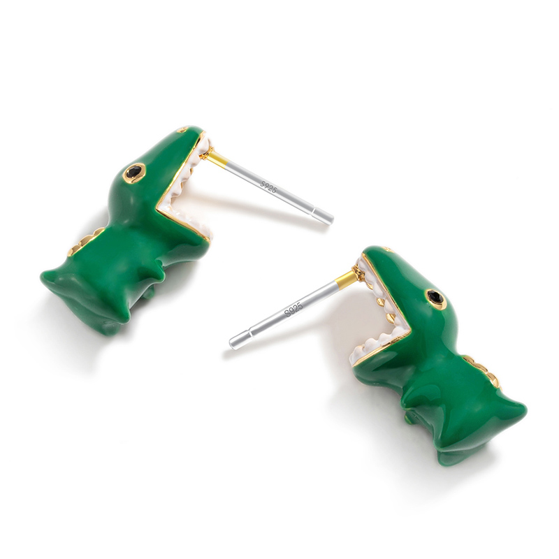 Enamel Glazed Cute Green Dinosaur Stud Earrings 925 Silver Needle