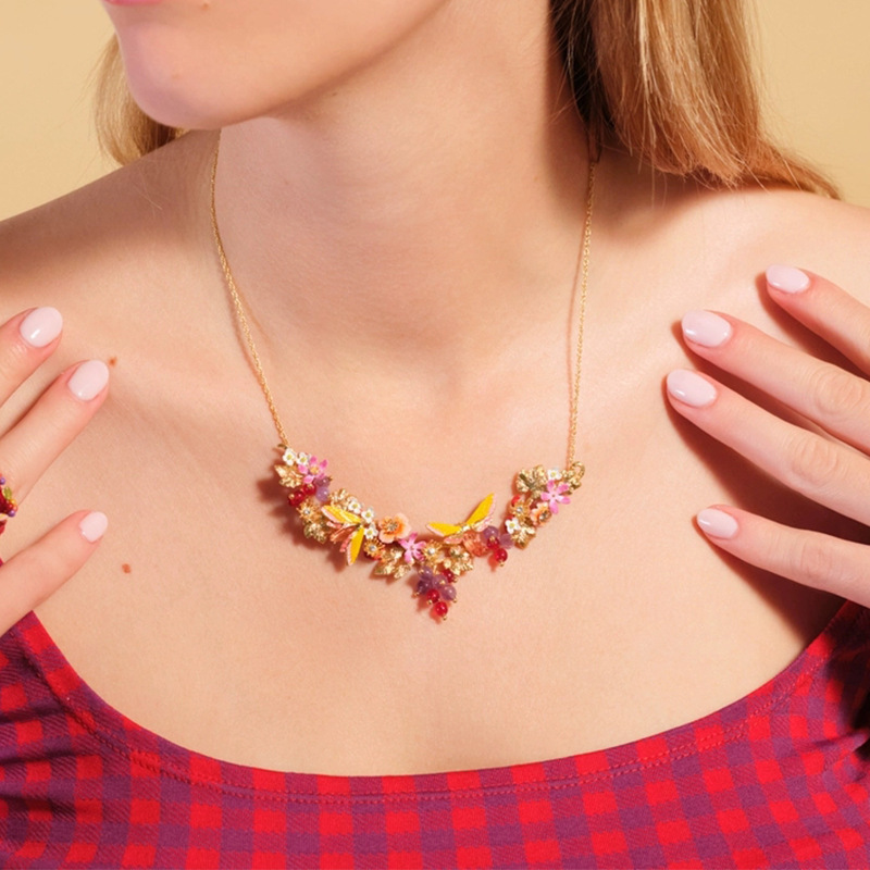 Flower Branch And Crystal Enamel Pendant Necklace