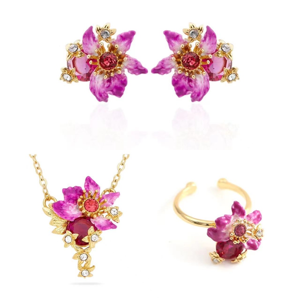 Purple Flower With Crystal Enamel Adjustable Ring