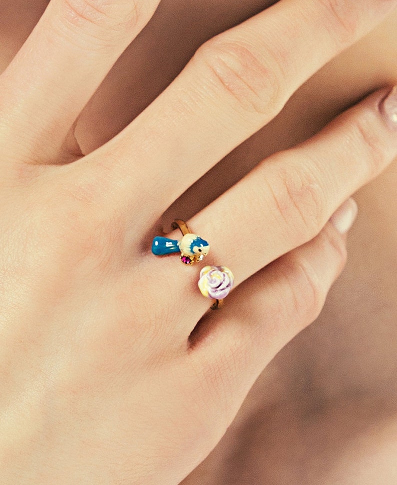 Enamel Glazed Blue Tit Purple Flower Inlaid Gem Adjustable Ring 14K Gold Plated