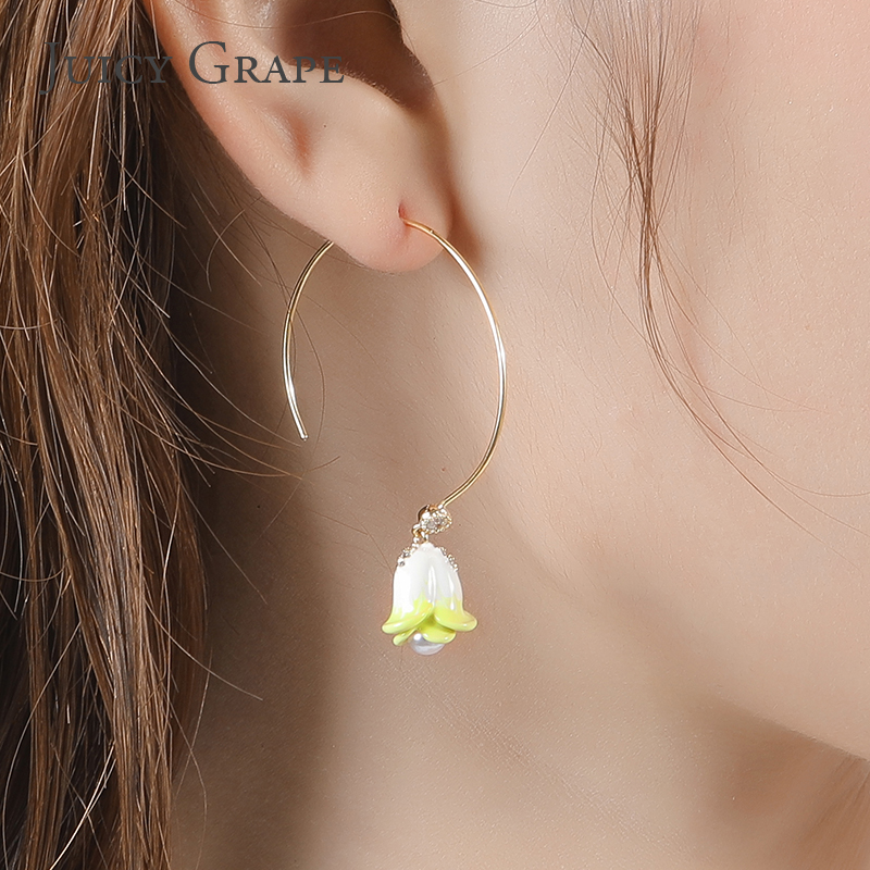 Enamel Glazed Convallaria Majalis Inlaid Gem Pearl Hook Earrings 18K Gold Plated