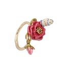 Enamel Glazed Red Rose Flower Stereoscopic Blue Tit Bird Rhinestone Gold Plated Ring