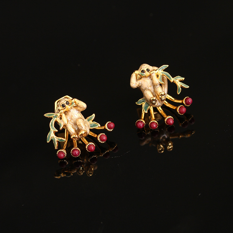 Enamel Glazed Monkey Dual Use Earrings 18K Gold Plated